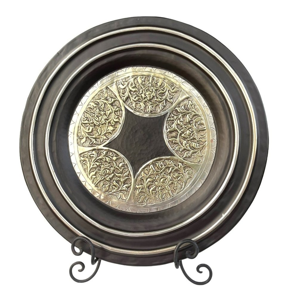 Metal Wall Decor Plate Centerpiece Tray Embossed Stamped Floral Design Hanger 16